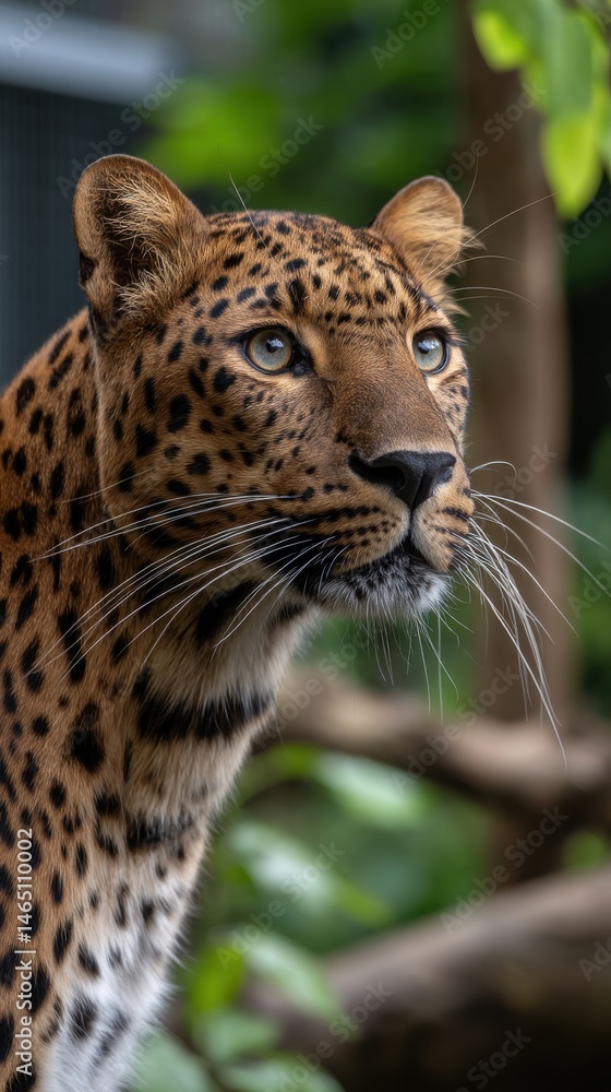 Fototapeta premium Graceful leopard portrait in lush environment highlighting its spots fur and striking eyes in detailed wildlife animal photography