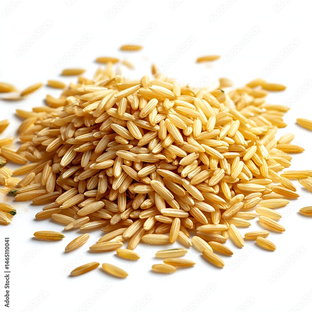Obraz premium A close-up shot of several rice grains scattered and isolated against a plain white background
