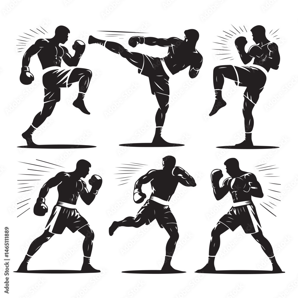 Fototapeta premium boxing silhouette icons in different fighting poses, ideal for sports, fitness, and boxing-related content.