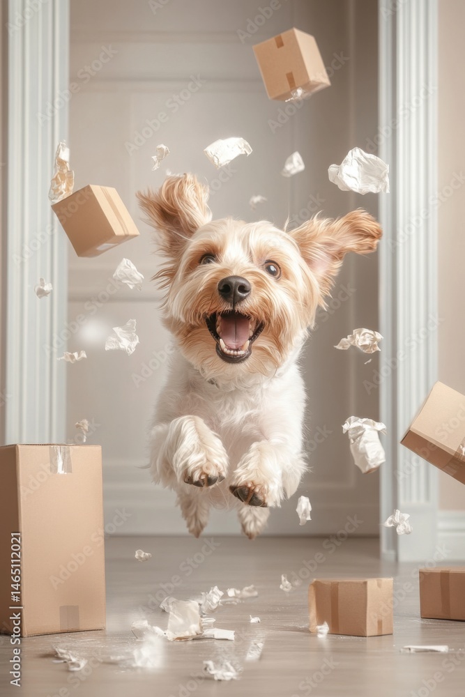 Dog joyfully barking at delivery and jumping among scattered packages at the doorstep