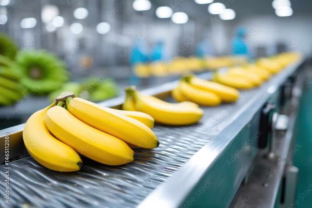 Bright and colorful interior view of a banana processing facility showcasing peeling and packaging operations