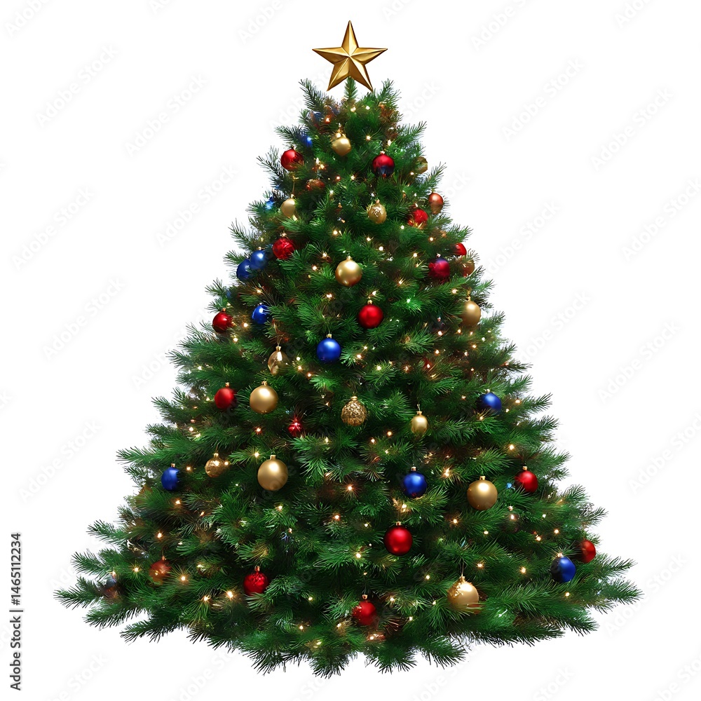 A decorated christmas tree is shown. The tree is green and adorned with red, gold, and blue ornaments A decorated christmas tree is shown. The tree is green and adorned with red, gold, and blue ornaments