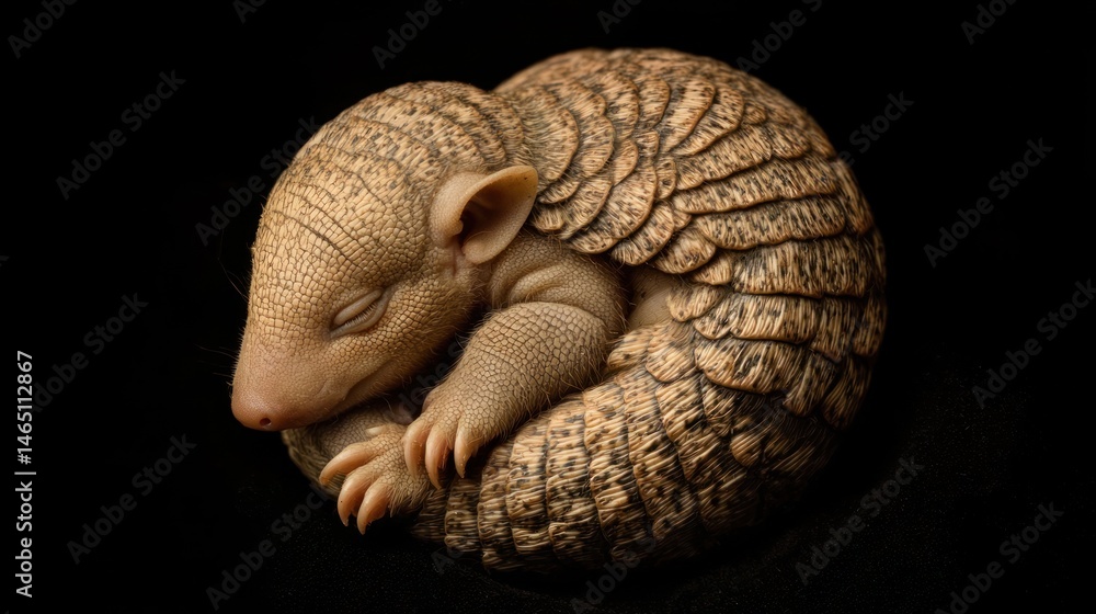 Obraz premium A baby armadillo curled up in a ball, with soft, textured armor and tiny paws visible.