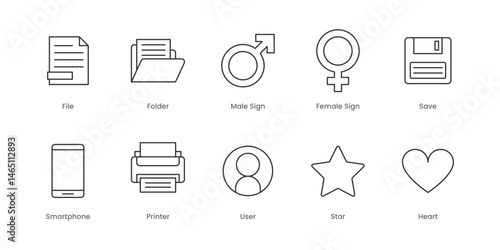Web Outline Icons Set – File, Folder, Male Sign, Edit, Female Sign, Save, Printer, Star, User, Heart, Editable Stroke.