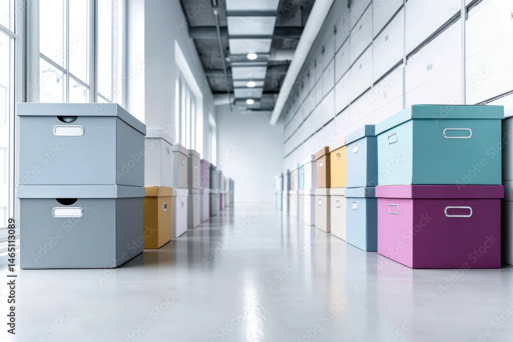 Colorful archive boxes fill a modern storage room with a spacious, organized layout and bright atmosphere