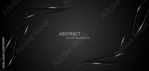Abstract black steel mesh background with silver glowing lines with free space for design. Modern technology innovation concept background. Perforated dark metal sheet for background image.	