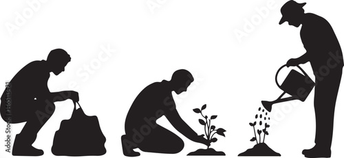 Gardening Silhouettes: Engaging silhouettes illustrating diverse gardening activities, symbolizing the nurturing act of cultivating nature and embracing the serenity of outdoor living.