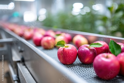 Bright and colorful apple processing facility with sorting and packaging activities taking place