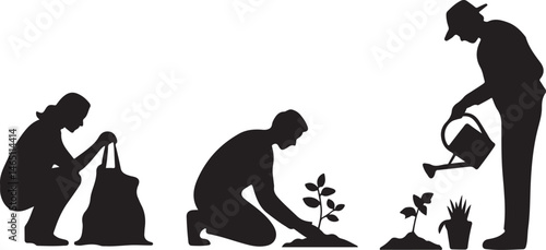 Gardening Silhouettes: Engaging silhouettes illustrating diverse gardening activities, symbolizing the nurturing act of cultivating nature and embracing the serenity of outdoor living.