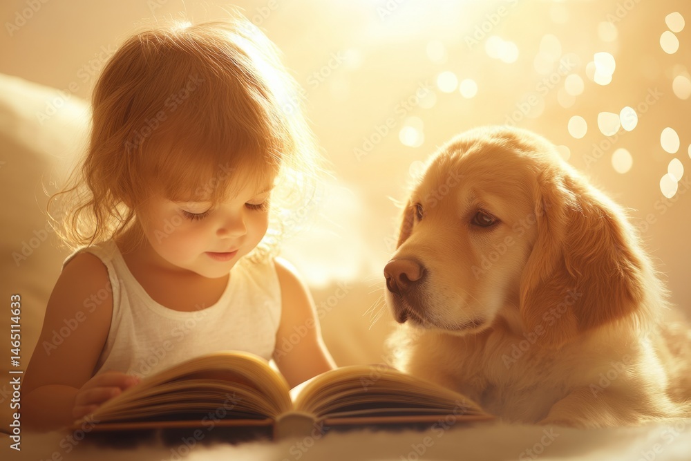 Child engages with dog while reading in cozy living room during warm afternoon light