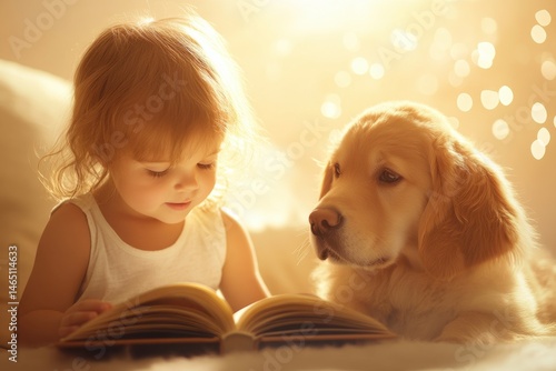 Obraz na płótnie Child engages with dog while reading in cozy living room during warm afternoon light w salonie