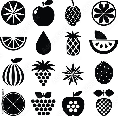 A vector set features fresh fruit icons, including orange and lemon citrus with flower and slice elements, forming a seamless food pattern design