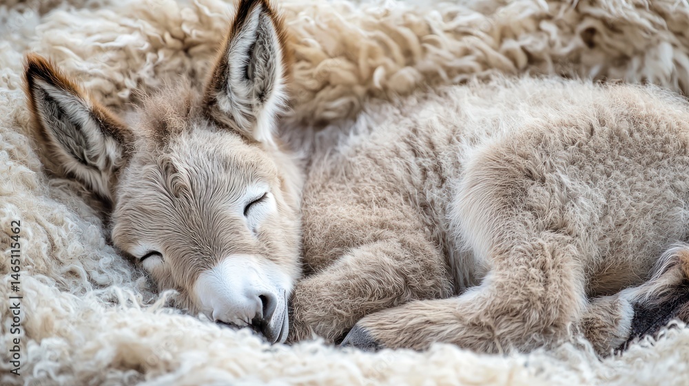 A baby donkey curled up and sleeping peacefully, with soft fur and a relaxed expression. A baby donkey curled up and sleeping peacefully, with soft fur and a relaxed expression.