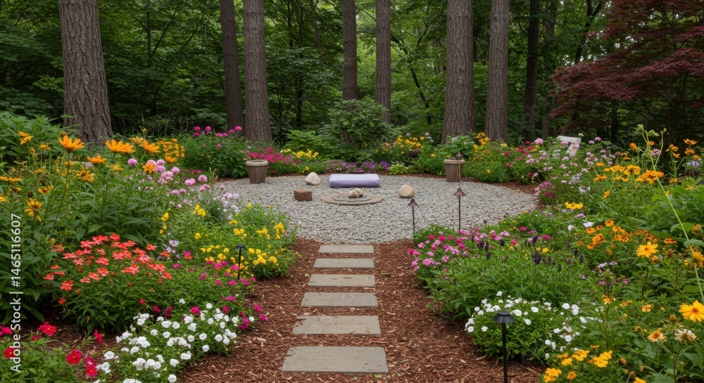 Obraz premium Serene Garden Sanctuary: A Tranquil Escape in Nature's Embrace