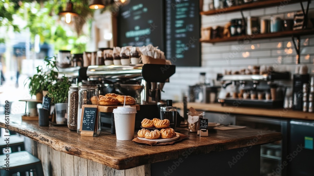 Naklejka premium Cozy Coffee Shop Interior with Rustic Wooden Countertop, Fresh Pastries on Display, and a Warm Atmosphere of Relaxation and Comfort