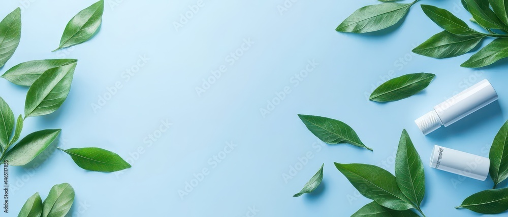 Naklejka premium Fresh, natural lip balm products surrounded by vibrant green leaves on a light blue background