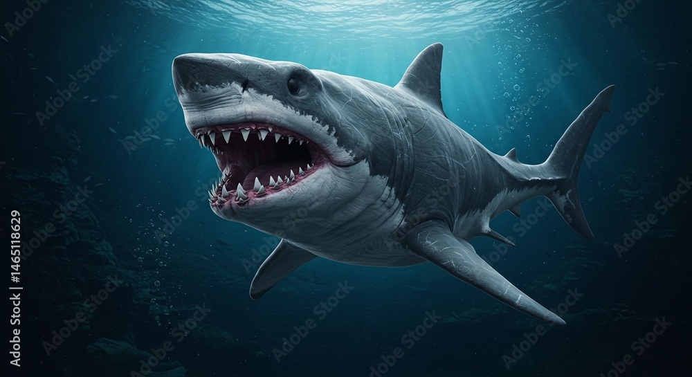 Naklejka premium Great White Shark Swimming Underwater with Open Mouth and Visible Teeth