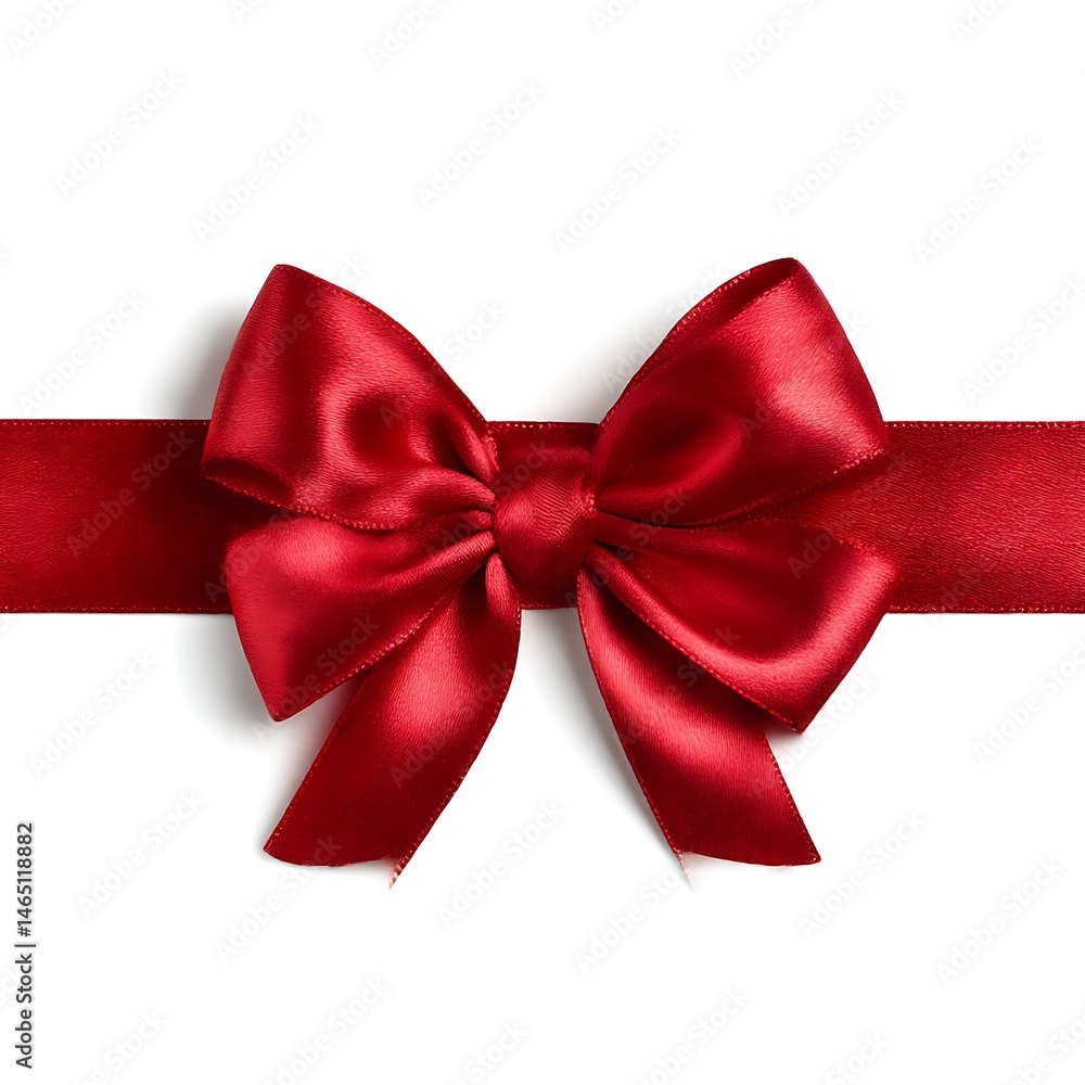 Fototapeta premium A red satin ribbon with a tied bow in the center, isolated on a clean white background