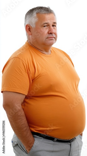 Overweight man poses in t-shirt with hands in pockets against white background