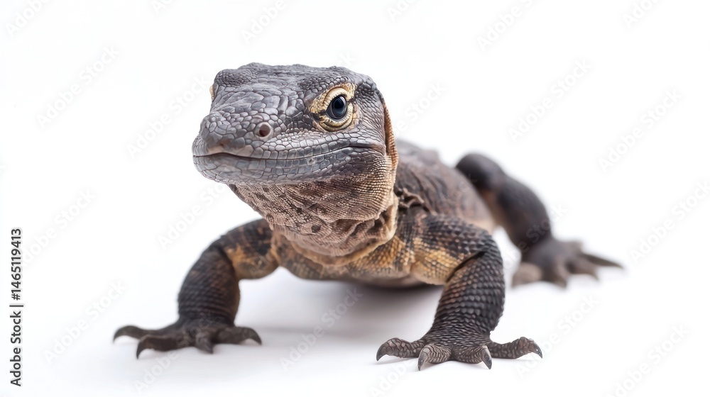 A baby komodo dragon curiously exploring its surroundings, on a white background A baby komodo dragon curiously exploring its surroundings, on a white background