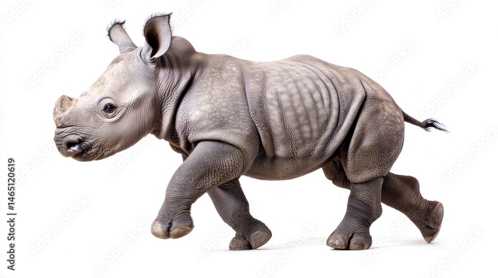 Fototapeta premium A baby rhinoceros playfully running around, looking cute, on a white background