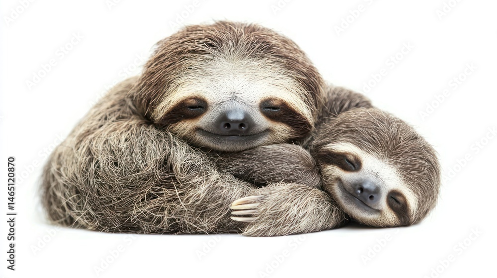 Naklejka premium A baby sloth cuddling with its mother, looking adorable, on a white background