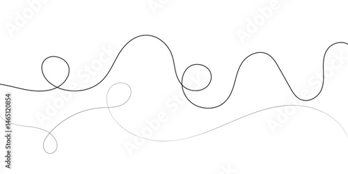 A minimalist abstract image featuring multiple, interwoven, wavy lines in varying thicknesses and dashed patterns.	