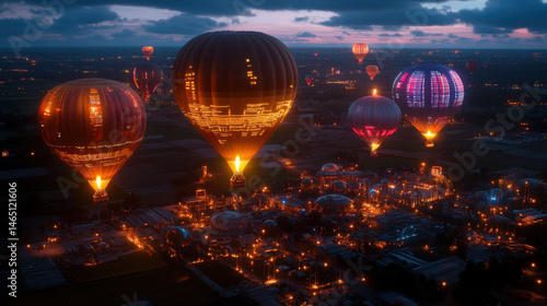 Wallpaper Mural Stunning aerial view of colorful hot air balloons illuminated against twilight sky, creating magical atmosphere over vibrant landscape. scene captures beauty and excitement of balloon festivals Torontodigital.ca