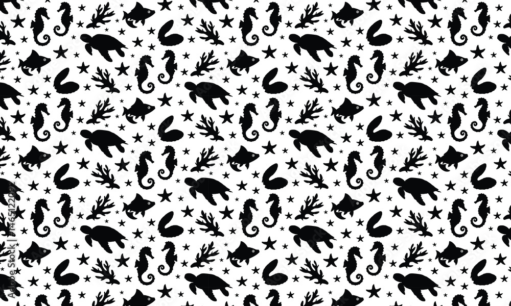 Sea Abstract Underwater Plants Shapes Silhouette Pattern, Coral Reef Plants, Different Types Of Marine Flora Decorative Elements, Abstract Sea Shells, Starfish. Sea Abstract Underwater Plants Shapes Silhouette Pattern, Coral Reef Plants, Different Types Of Marine Flora Decorative Elements, Abstract Sea Shells, Starfish.