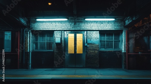 Subway Station Entrance with Glowing Doors and Cyan Lighting at Night; Abstract Interior of Underground Metro Platform