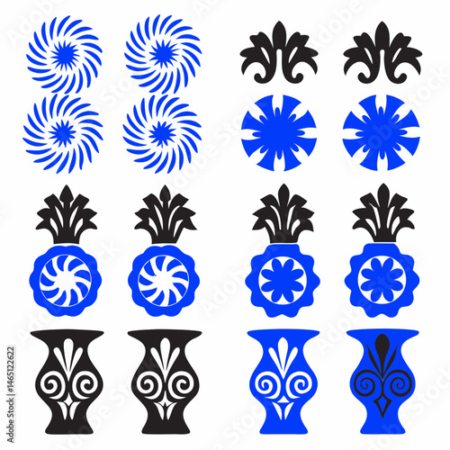 These appear to be a collection of abstract, stylized icons or symbols, primarily in blue and black. They include various shapes such as spirals, floral patterns, geometric designs, and representation