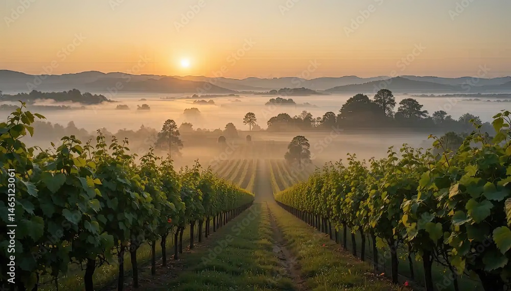 Naklejka premium Misty Sunrise over Vineyard Rows in a Picturesque Valley