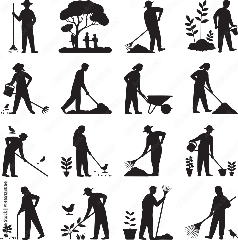 Obraz premium Gardening Silhouettes: Engaging silhouettes illustrating diverse gardening activities, symbolizing the nurturing act of cultivating nature and embracing the serenity of outdoor living.