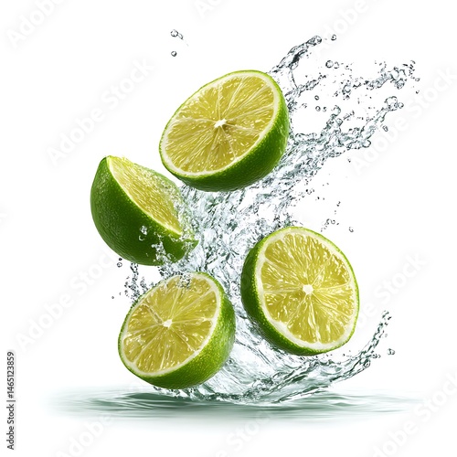 A vibrant image showing four lime halves suspended in mid-air, surrounded by a splash of green liquid