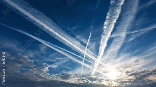 Multiple airplane contrails or chemtrails crisscross the vibrant blue sky.