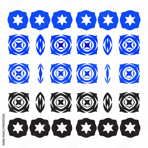 These appear to be a collection of abstract, stylized icons or symbols, primarily in blue and black. They include various shapes such as spirals, floral patterns, geometric designs, and representation