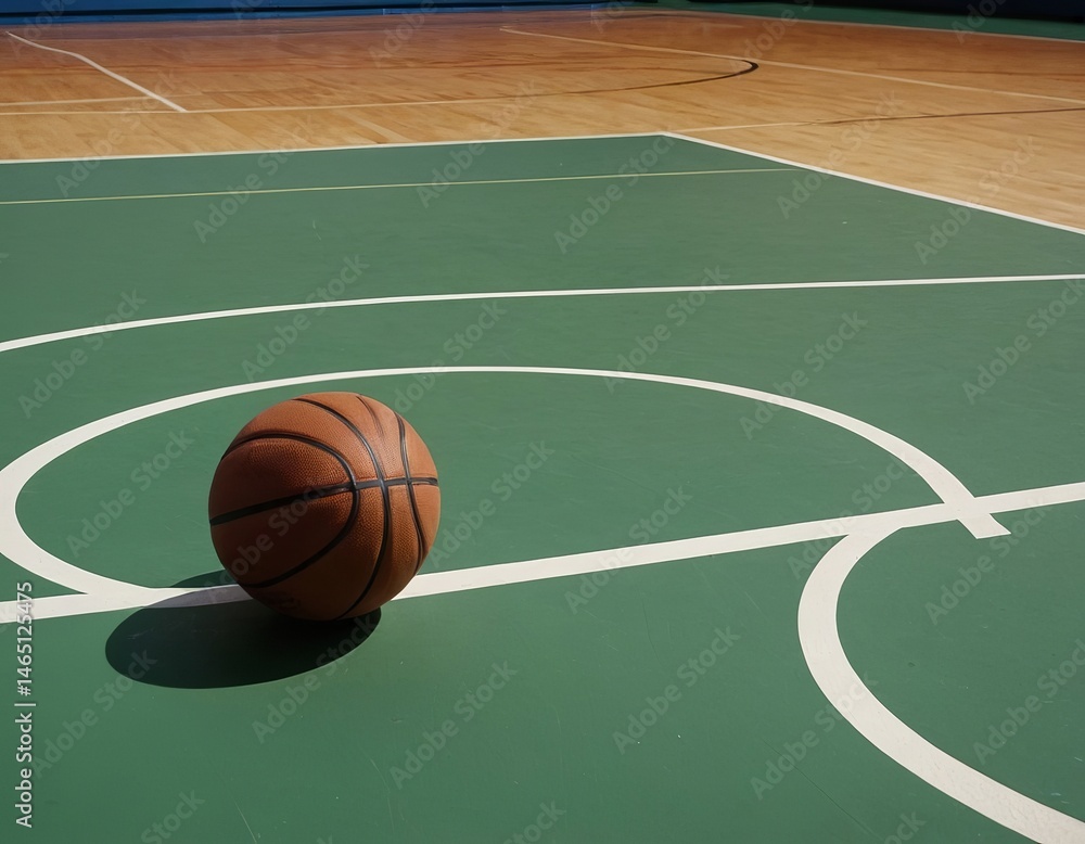Fototapeta premium A basketball rests on a green court, capturing the essence of sports and leisure.