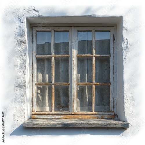Classic Georgian window with multiple small panes and distressed paint isolated on transparent background