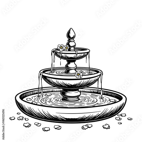 Decorative fountain with flower details, in monochrome, for a garden blog