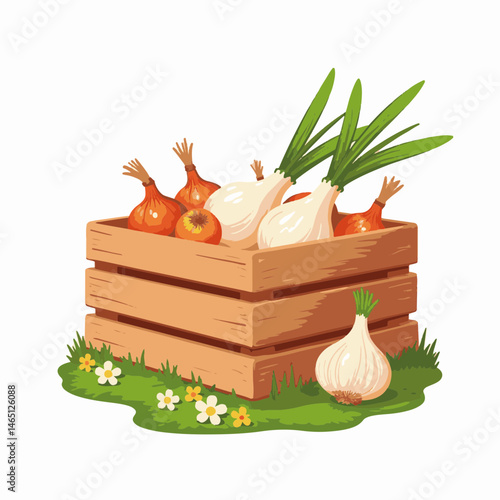 onions in wooden crate on green grass clip art preview