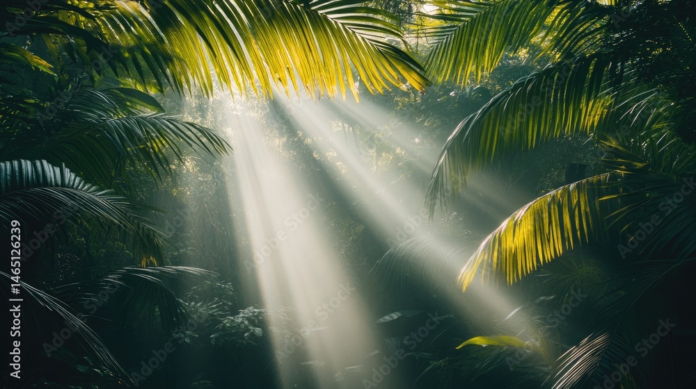 Naklejka premium Sunbeams pierce through lush, misty tropical foliage, creating a dramatic, vibrant scene