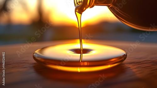 Pouring Olive Oil at Sunset: Golden Liquid on Wooden Surface