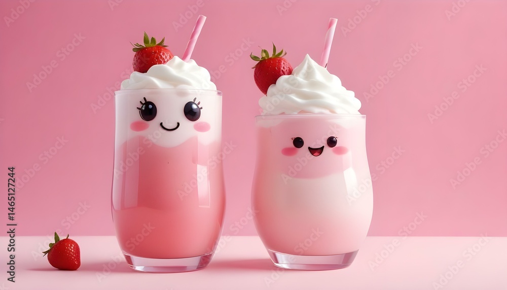 Obraz premium Two strawberry milkshakes, decorated with whipped cream, a strawberry, and adorable faces.