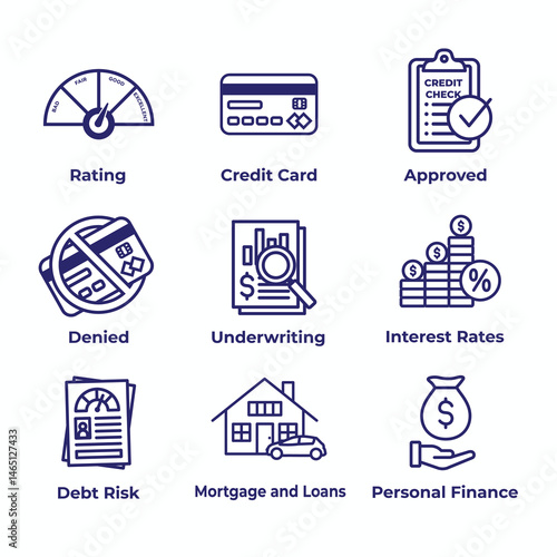Credit Score and Loans Icon Set with Approved Credit Underwriting Interest Rates Debt Mortgage Refinance