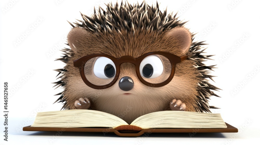 custom made wallpaper toronto digitalA cartoon hedgehog wearing glasses and reading a book, looking wise, on a white background