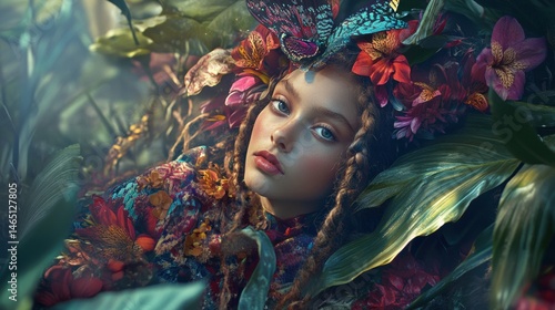 Dreamy Girl Surrounded by Lush Floral Canopy with Colorful Butterfly Headpiece and Braided Hair, Fantasy Portrait