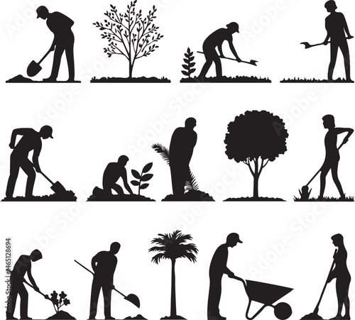 Gardening Silhouettes: Engaging silhouettes illustrating diverse gardening activities, symbolizing the nurturing act of cultivating nature and embracing the serenity of outdoor living.