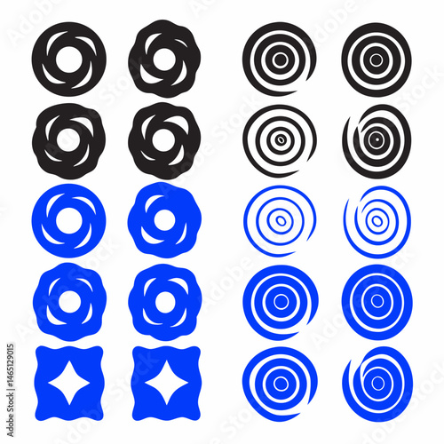These appear to be a collection of abstract, stylized icons or symbols, primarily in blue and black. They include various shapes such as spirals, floral patterns, geometric designs, and representation