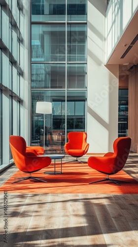 Modern Office Waiting Area with Orange Chairs, Meeting Space, Large Windows and Wooden Floors Filled with Sunlight