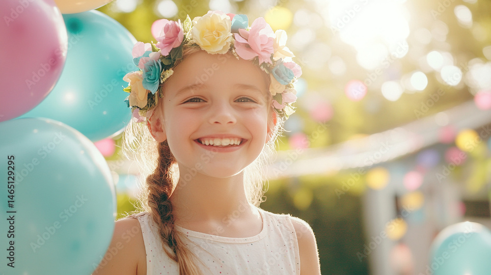 A joyful child in a flower crown with balloons and confetti, celebrating International Children's Day with pure happiness. A joyful child in a flower crown with balloons and confetti, celebrating International Children's Day with pure happiness.